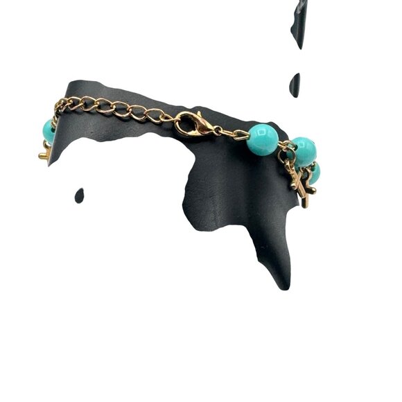 Gold-Tone Cross Charm Bracelet With Turquoise Beads & Lobster Clasp - Picture 3 of 4